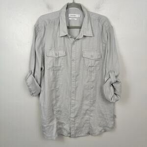 Calvin Klein Linen Button Up Shirt Mens XL Gray Roll Tab Sleeve‎ Preppy Beach